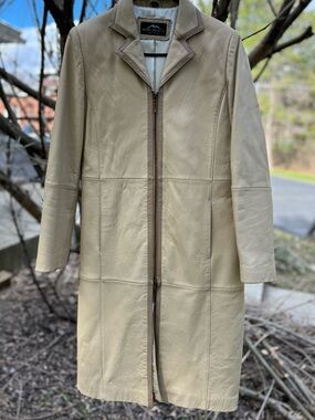 Vintage Montanaco Tan With Brown Trim Leather Zip-Front Coat Women’s S